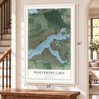 Wolverine Lake, Michigan map, 24 x 36 inch print in a white frame by a staircase