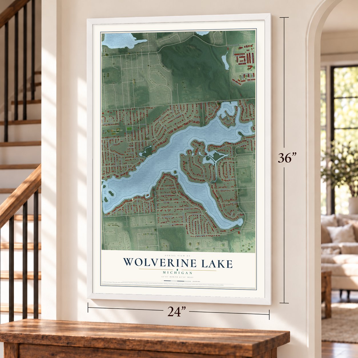 Wolverine Lake, Michigan map, 24 x 36 inch print in a white frame by a staircase