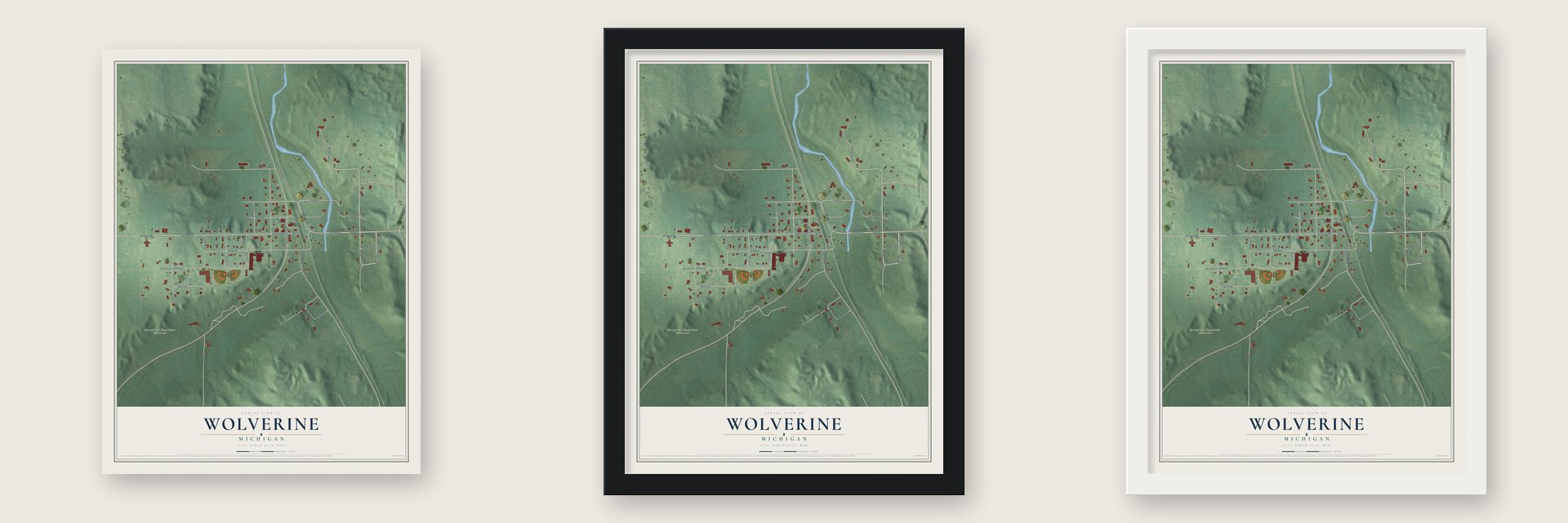 Wolverine, Michigan map unframed, in a black wood frame and in a white wood frame