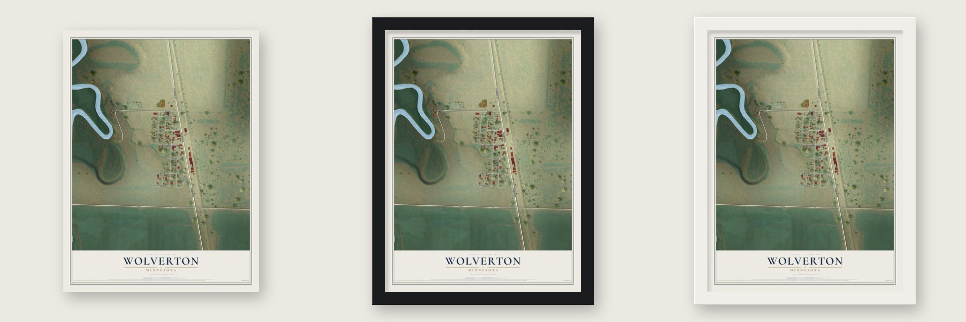 Wolverton, Minnesota map unframed, in a black wood frame and in a white wood frame
