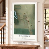 Wolverton, Minnesota map, 24 x 36 inch print in a white frame by a staircase