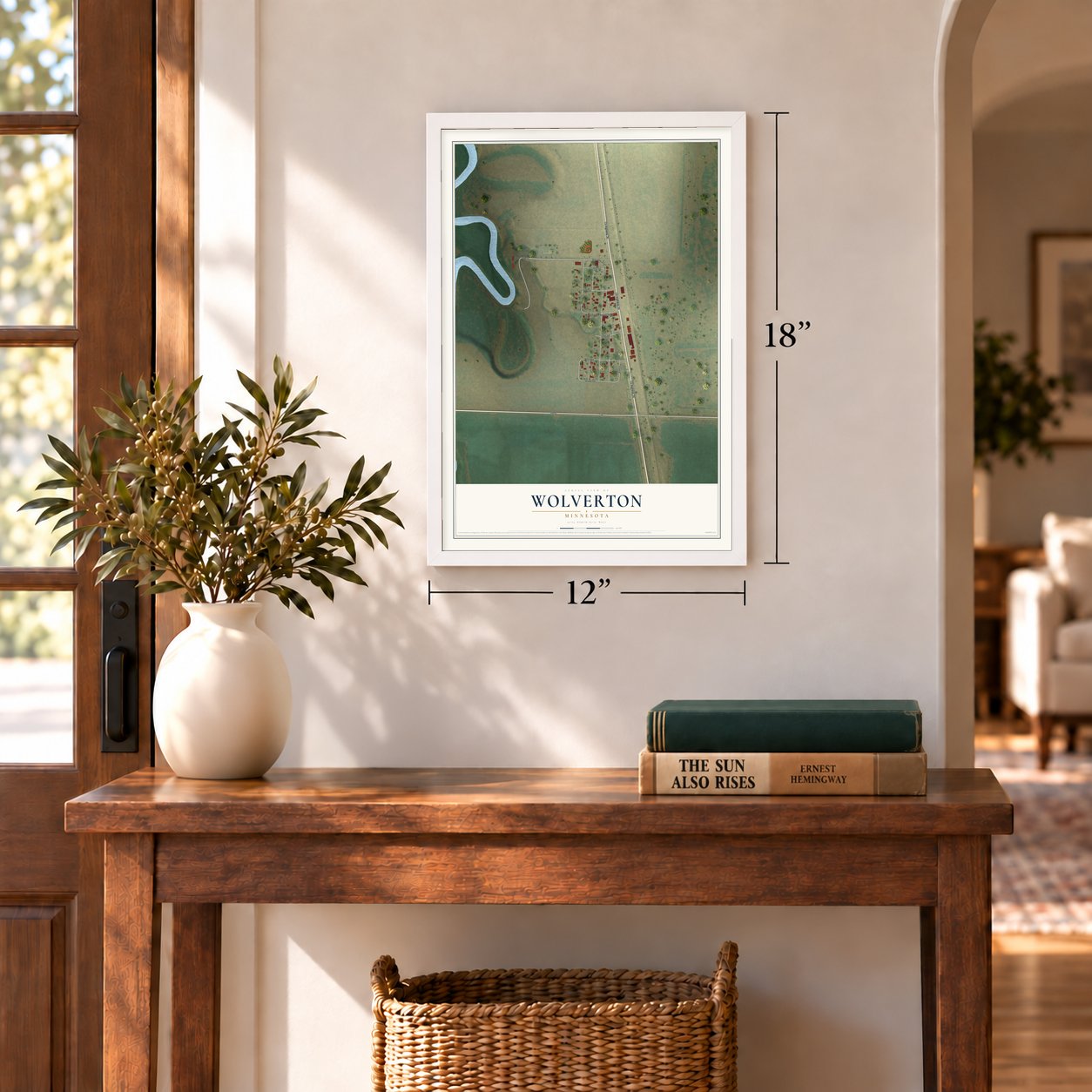Wolverton, Minnesota map, 12 x 18 inch print in a white frame in an entryway