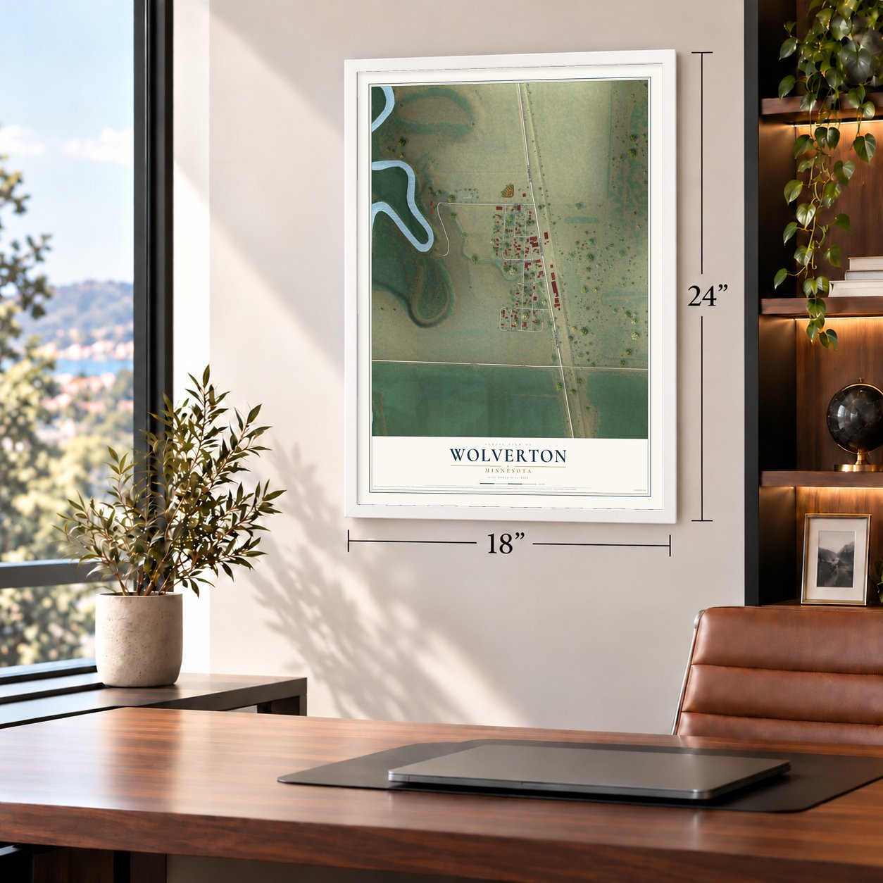 Wolverton, Minnesota map, 18 x 24 inch print in a white frame in a home office
