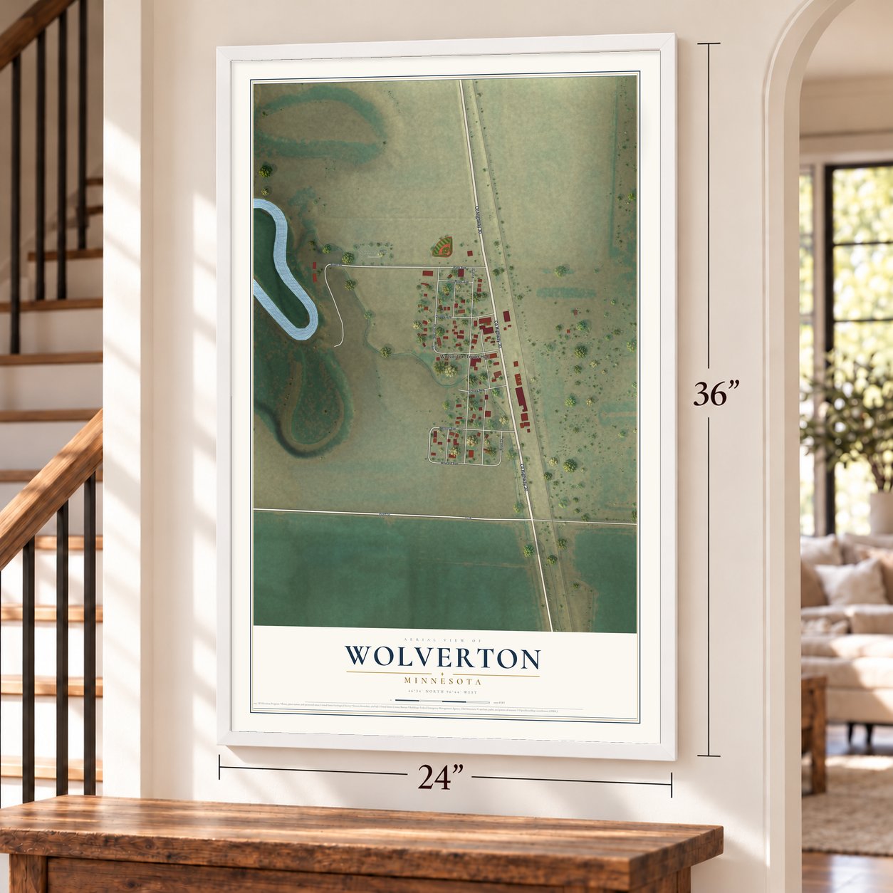 Wolverton, Minnesota map, 24 x 36 inch print in a white frame by a staircase