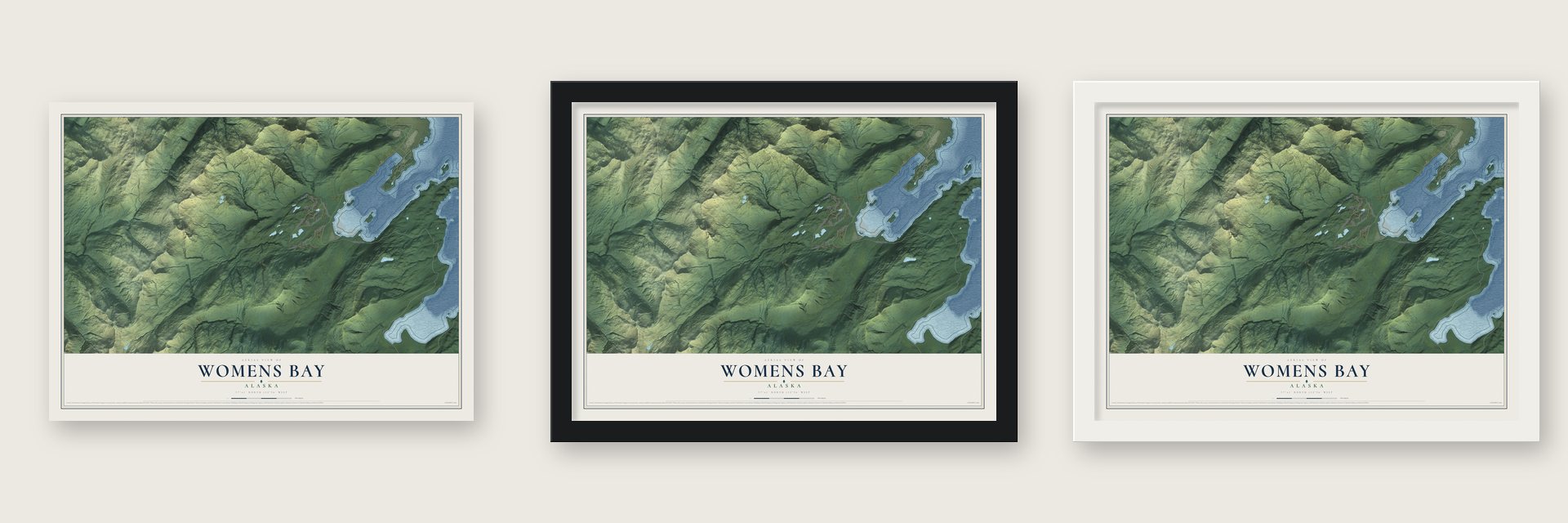 Womens Bay, Alaska map unframed, in a black wood frame and in a white wood frame