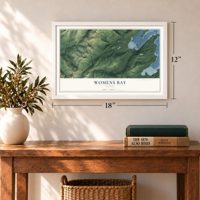 Womens Bay, Alaska map, 12 x 18 inch print in a white frame in an entryway