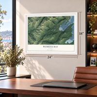 Womens Bay, Alaska map, 18 x 24 inch print in a white frame in a home office