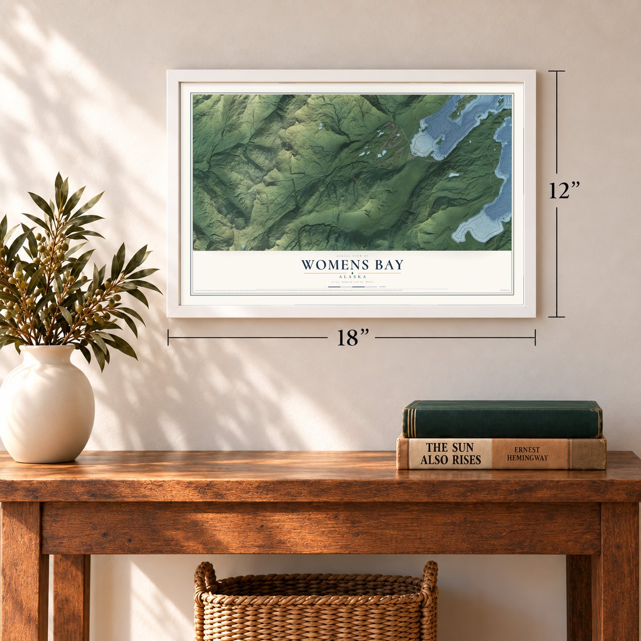 Womens Bay, Alaska map, 12 x 18 inch print in a white frame in an entryway