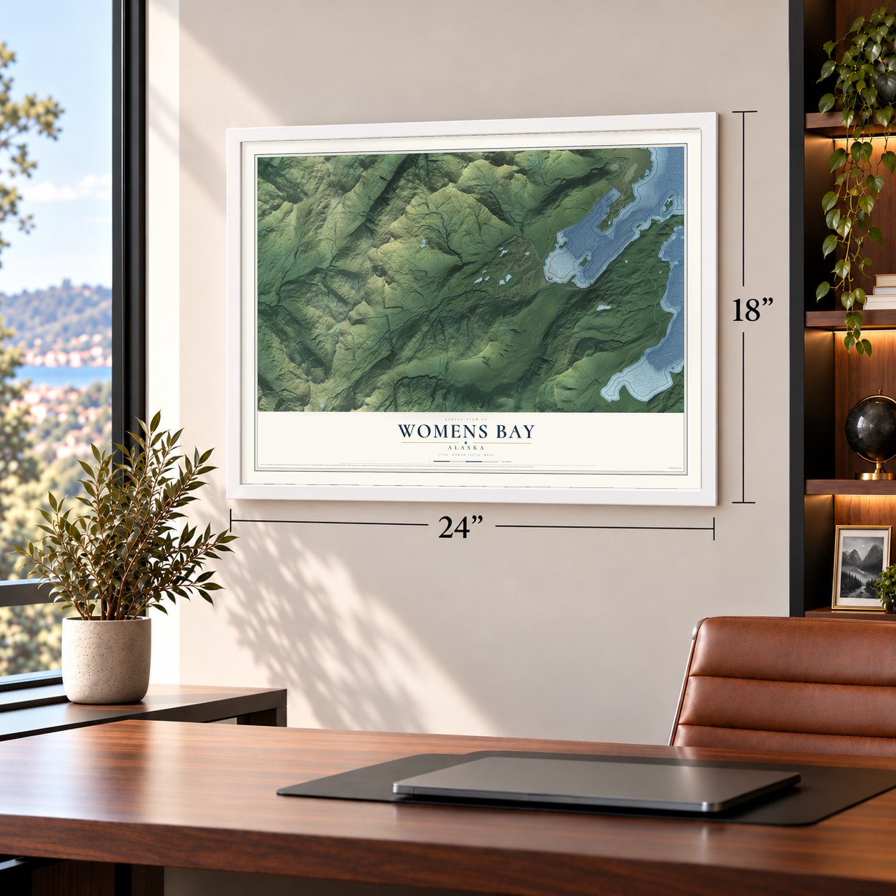 Womens Bay, Alaska map, 18 x 24 inch print in a white frame in a home office