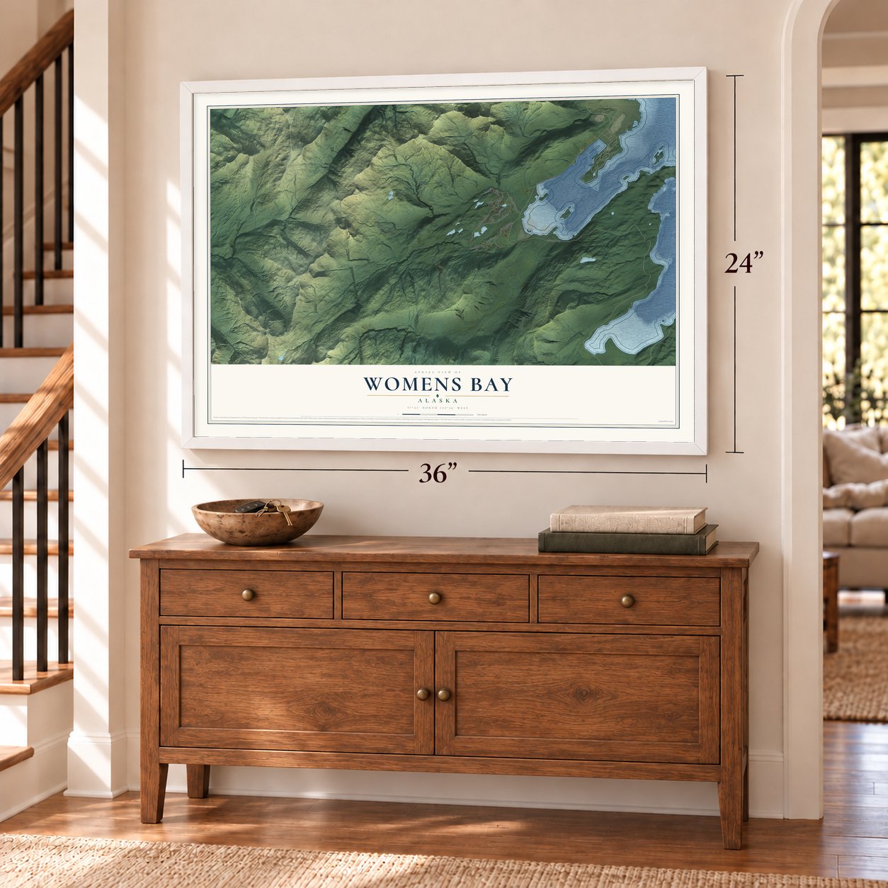 Womens Bay, Alaska map, 24 x 36 inch print in a white frame above a dresser by a staircase