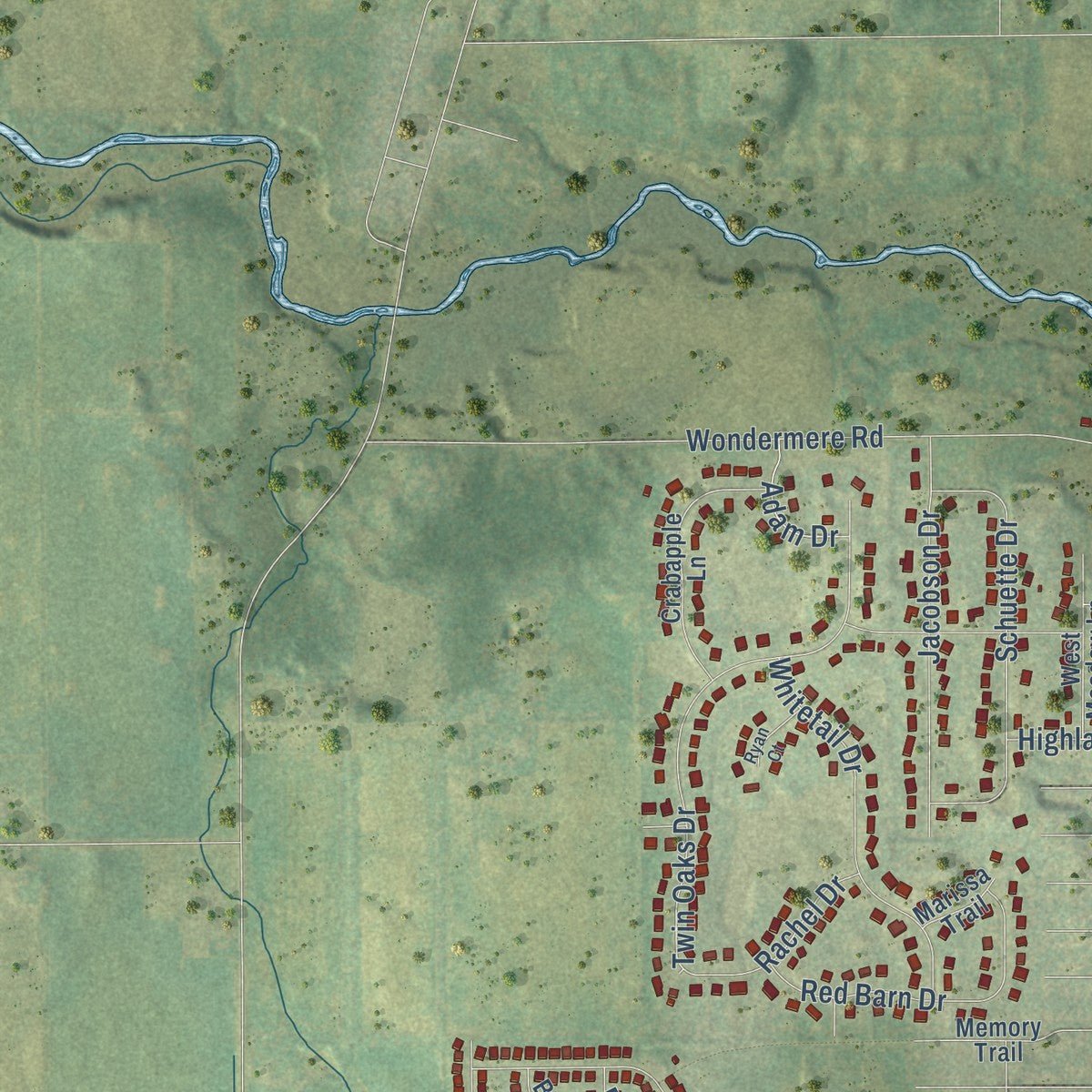 Second close-up of the map of Wonder Lake, Illinois print showing more streets and buildings