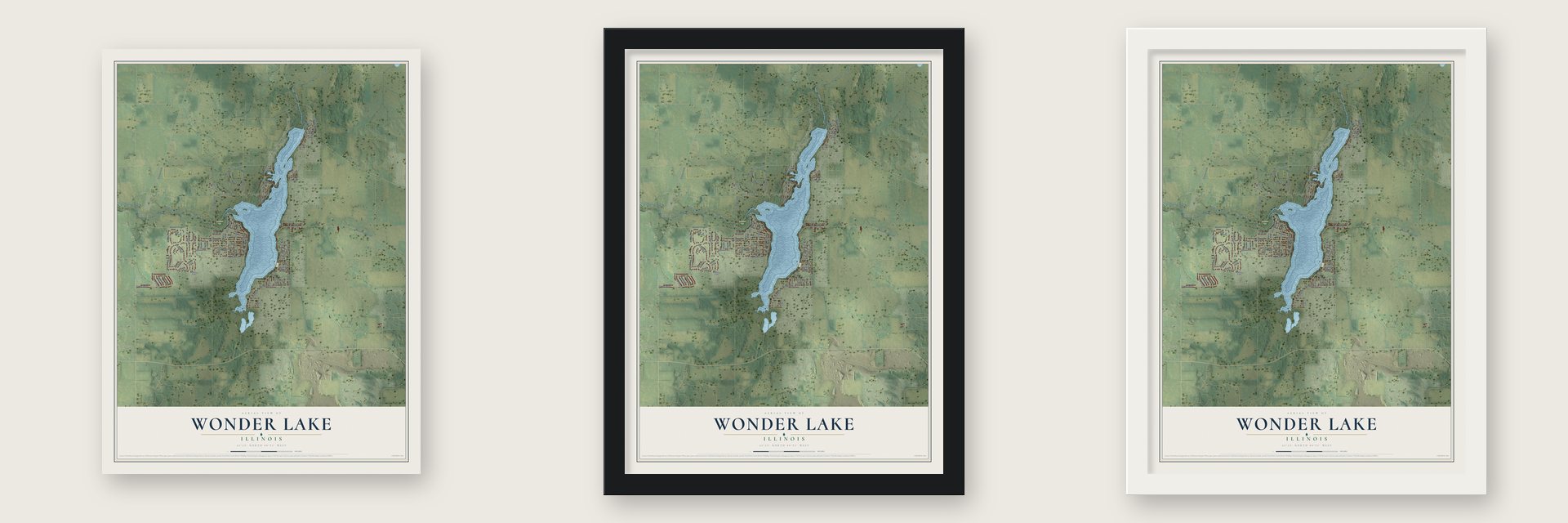 Wonder Lake, Illinois map unframed, in a black wood frame and in a white wood frame