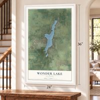 Wonder Lake, Illinois map, 24 x 36 inch print in a white frame by a staircase
