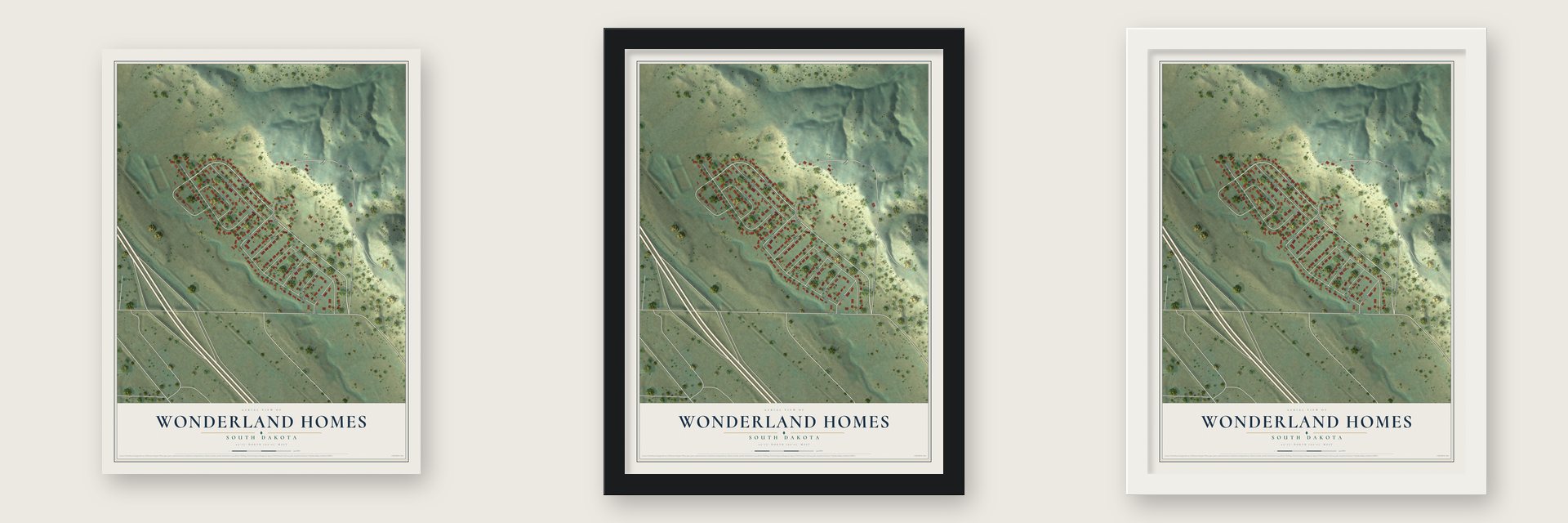 Wonderland Homes, South Dakota map unframed, in a black wood frame and in a white wood frame