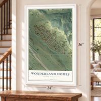 Wonderland Homes, South Dakota map, 24 x 36 inch print in a white frame by a staircase