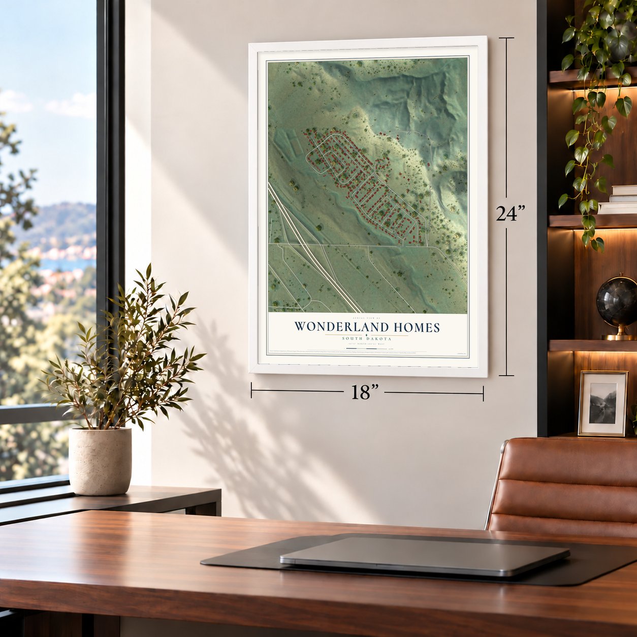 Wonderland Homes, South Dakota map, 18 x 24 inch print in a white frame in a home office