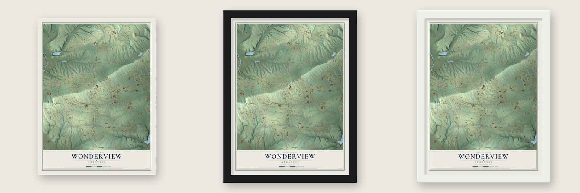 Wonderview, Arkansas map unframed, in a black wood frame and in a white wood frame