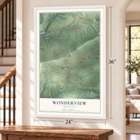 Wonderview, Arkansas map, 24 x 36 inch print in a white frame by a staircase
