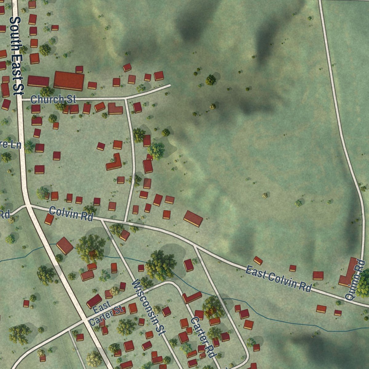 Second close-up of the map of Wonewoc, Wisconsin print showing more streets and buildings