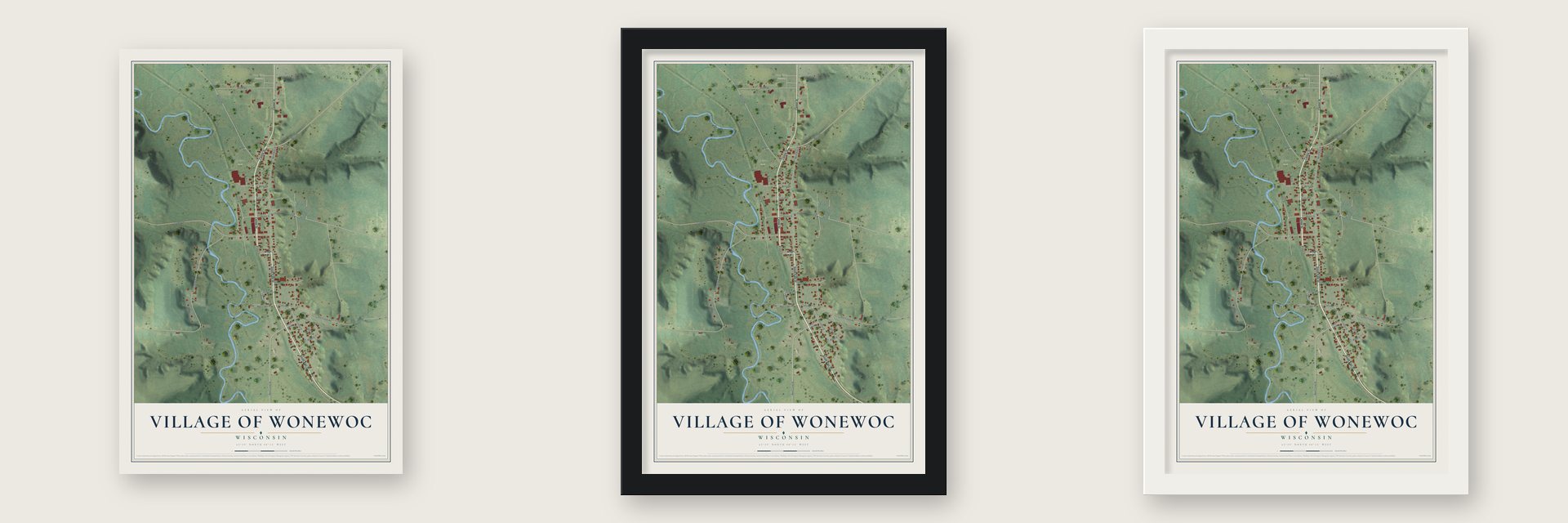 Wonewoc, Wisconsin map unframed, in a black wood frame and in a white wood frame