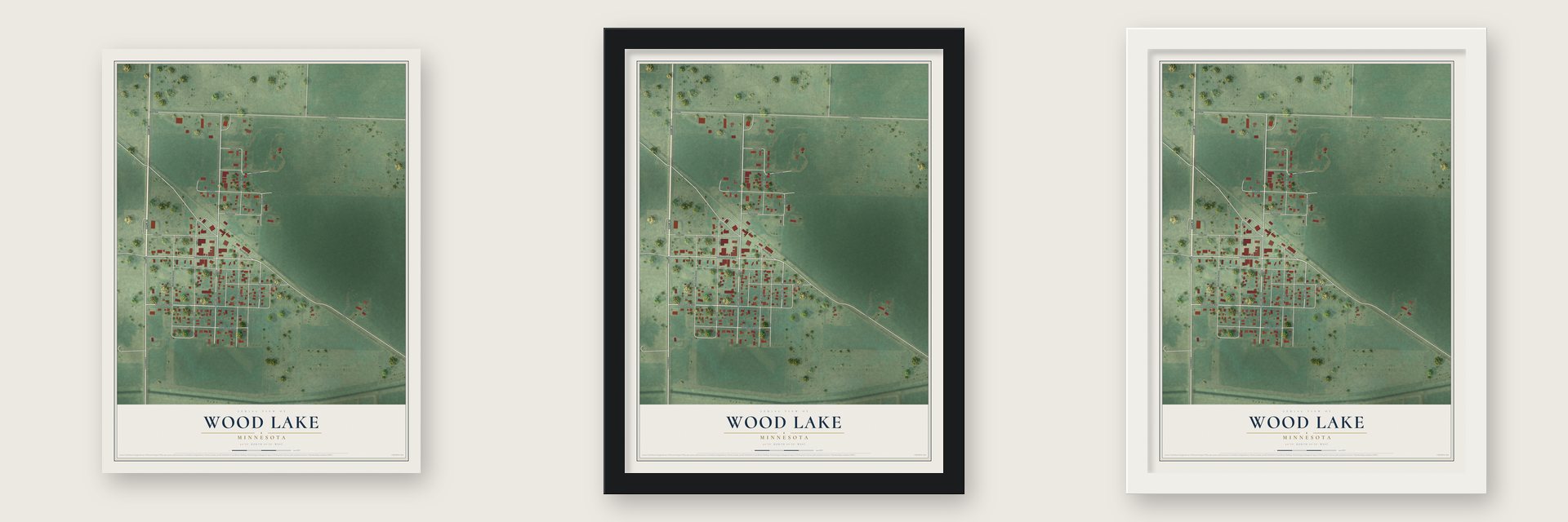 Wood Lake, Minnesota map unframed, in a black wood frame and in a white wood frame