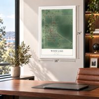 Wood Lake, Minnesota map, 18 x 24 inch print in a white frame in a home office
