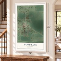 Wood Lake, Minnesota map, 24 x 36 inch print in a white frame by a staircase