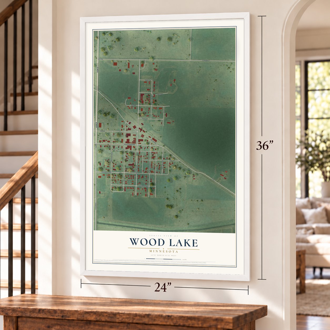 Wood Lake, Minnesota map, 24 x 36 inch print in a white frame by a staircase