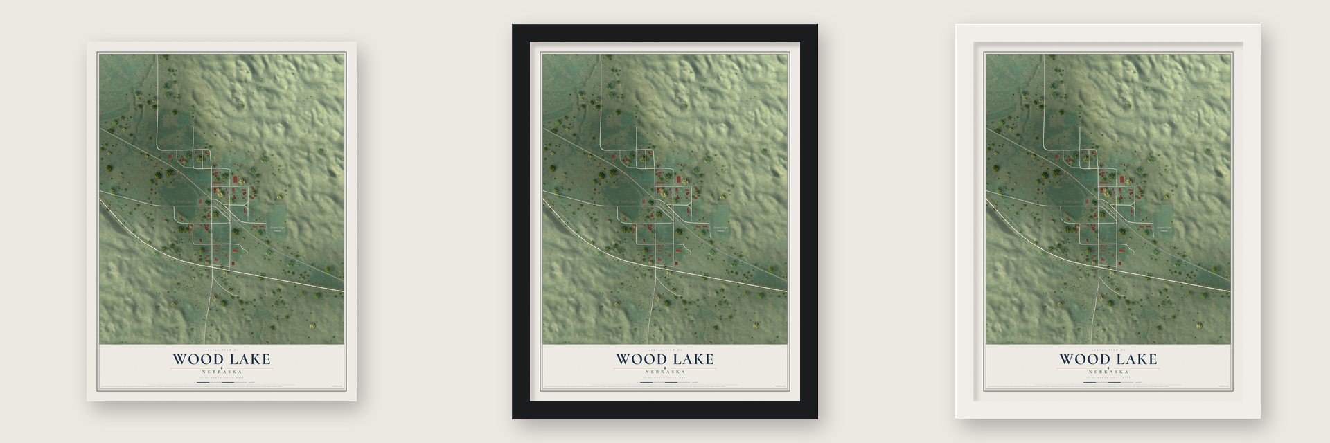 Wood Lake, Nebraska map unframed, in a black wood frame and in a white wood frame