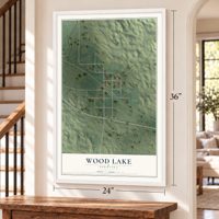 Wood Lake, Nebraska map, 24 x 36 inch print in a white frame by a staircase