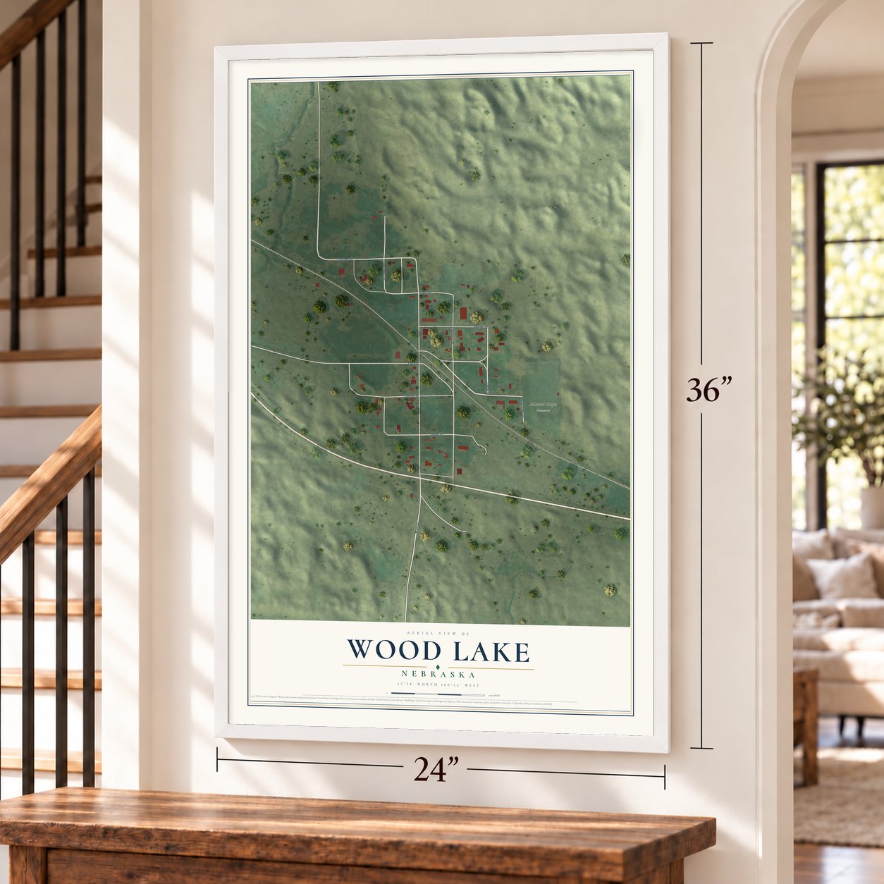 Wood Lake, Nebraska map, 24 x 36 inch print in a white frame by a staircase
