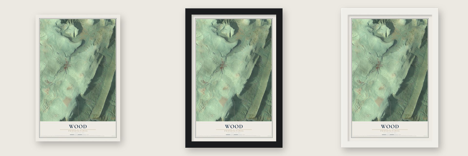 Wood, Pennsylvania map unframed, in a black wood frame and in a white wood frame