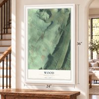 Wood, Pennsylvania map, 24 x 36 inch print in a white frame by a staircase