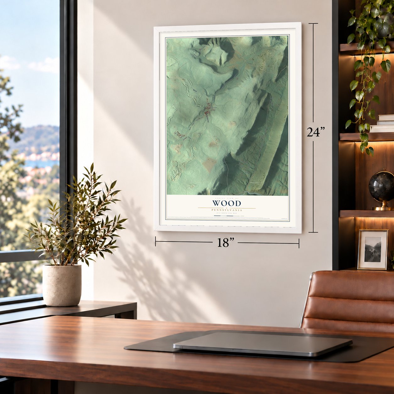 Wood, Pennsylvania map, 18 x 24 inch print in a white frame in a home office