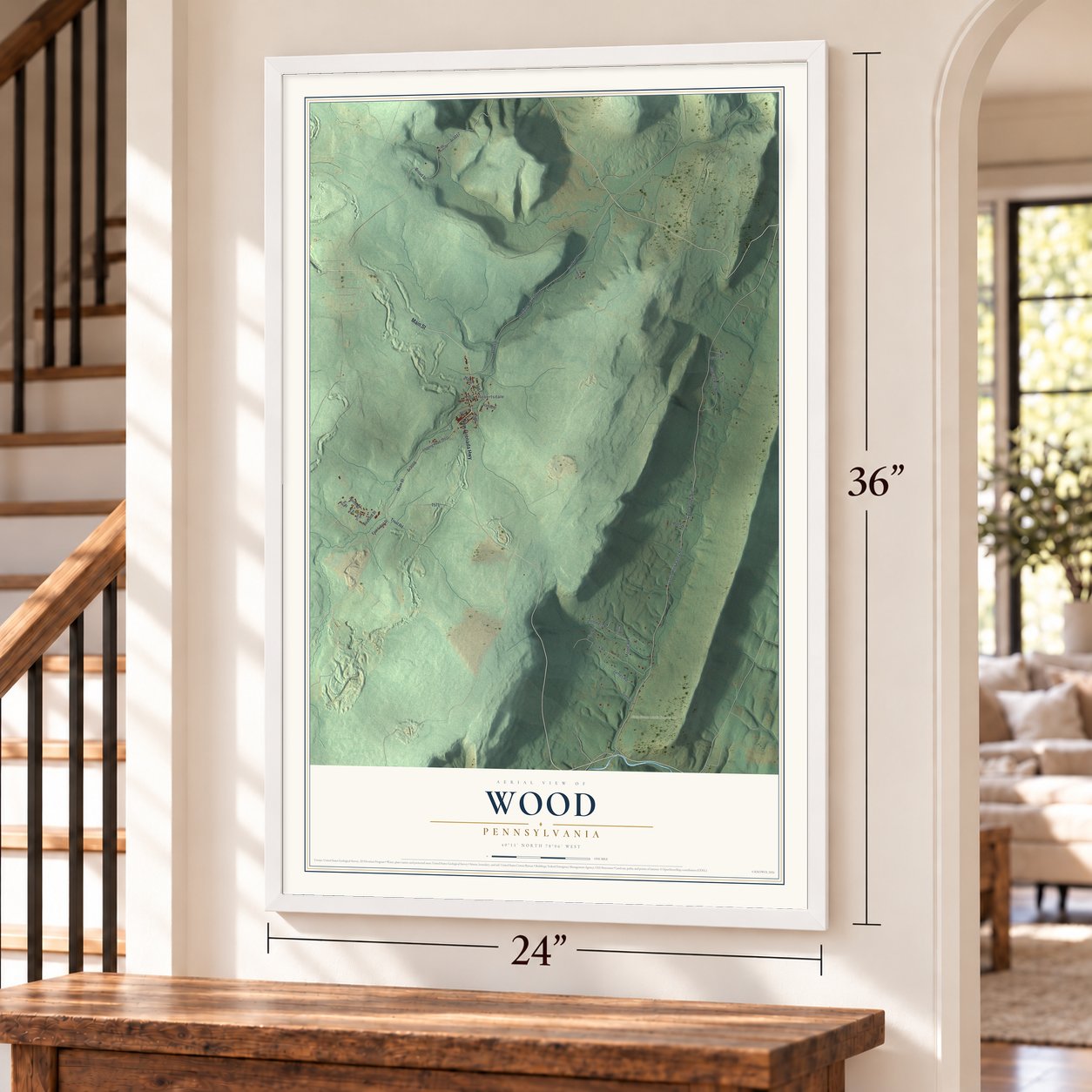 Wood, Pennsylvania map, 24 x 36 inch print in a white frame by a staircase