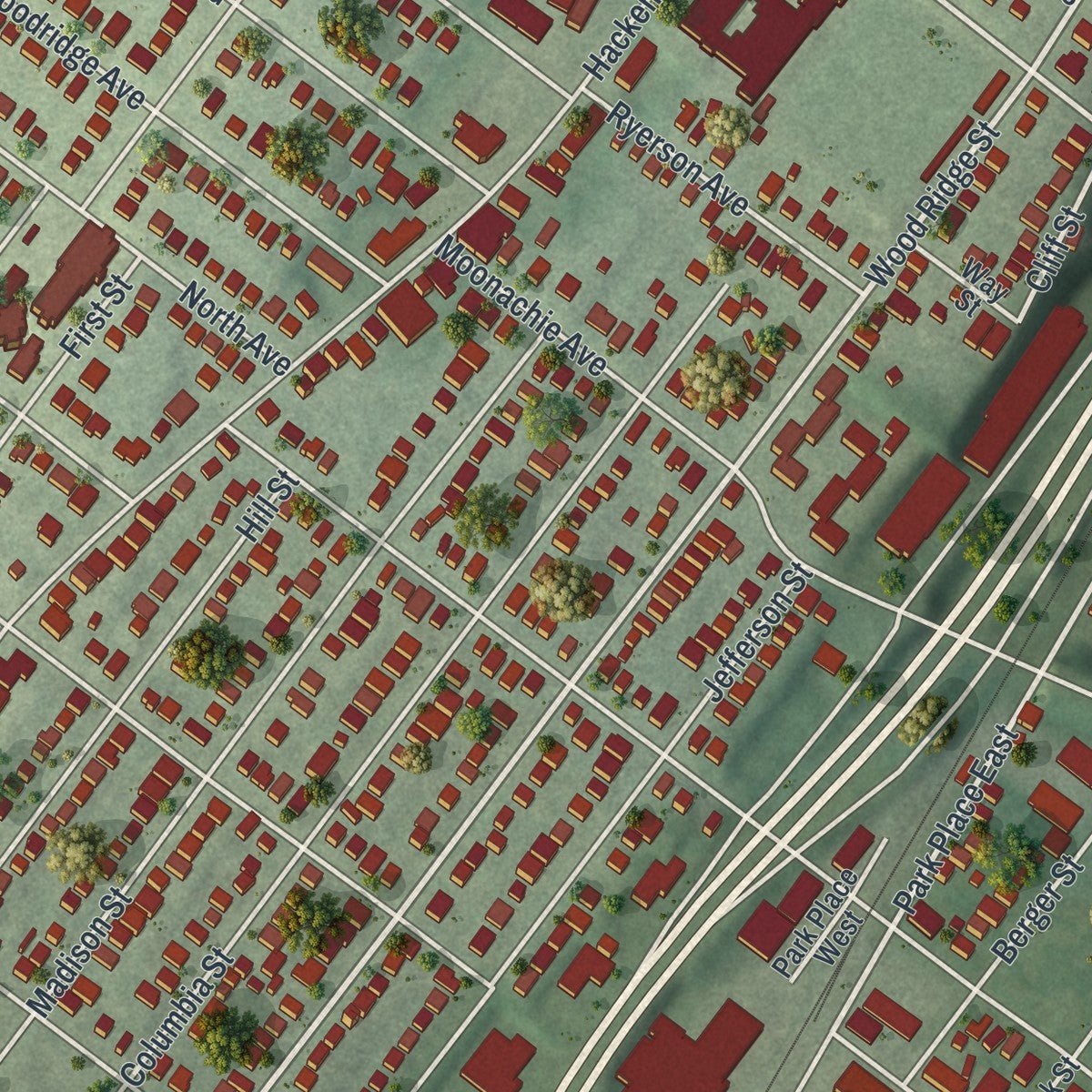 Second close-up of the map of Wood-Ridge, New Jersey print showing more streets and buildings
