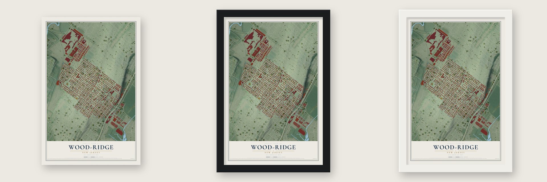 Wood-Ridge, New Jersey map unframed, in a black wood frame and in a white wood frame