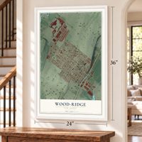 Wood-Ridge, New Jersey map, 24 x 36 inch print in a white frame by a staircase