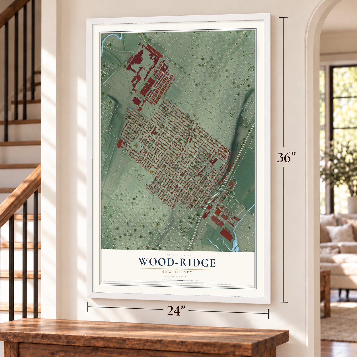 Wood-Ridge, New Jersey map, 24 x 36 inch print in a white frame by a staircase