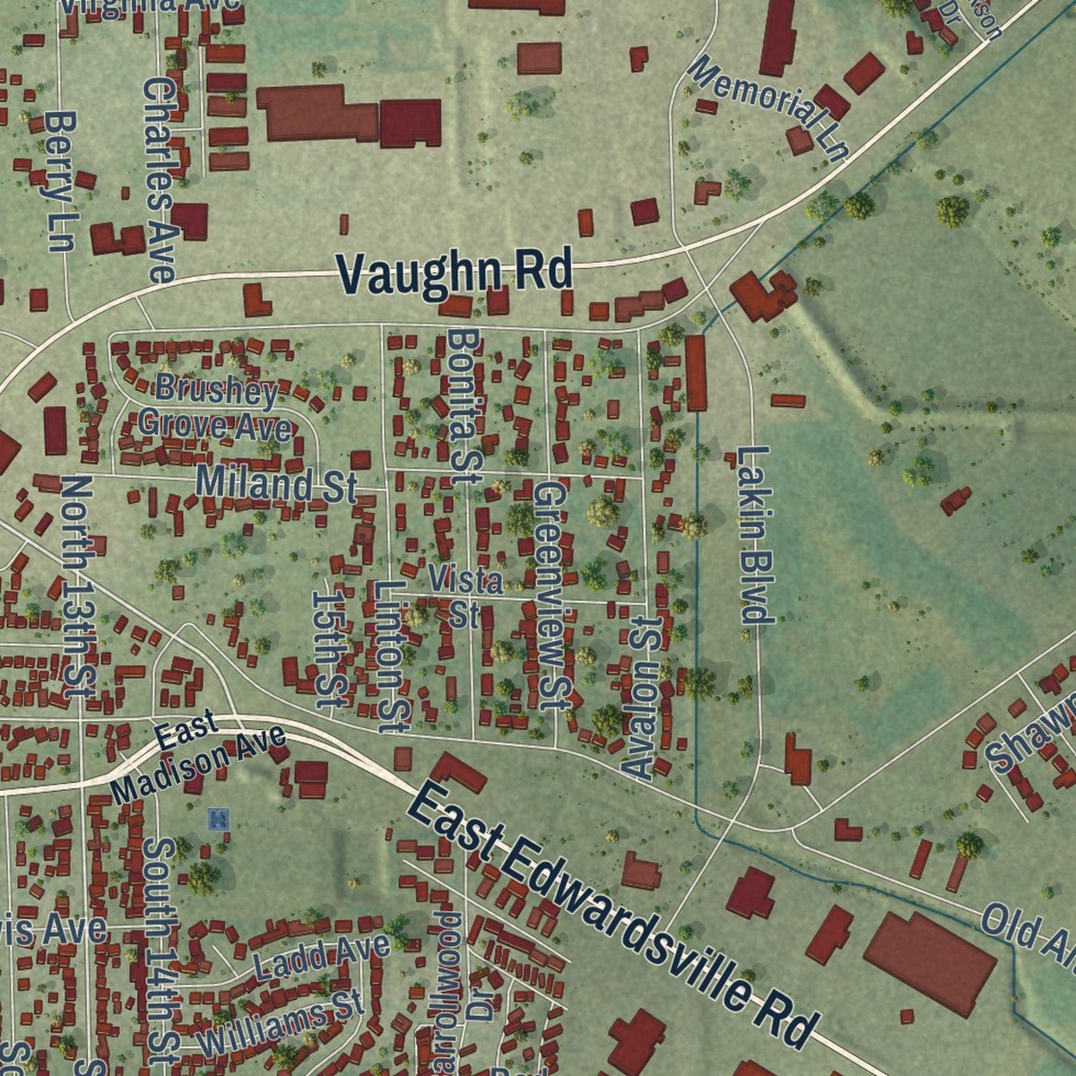 Second close-up of the map of Wood River, Illinois print showing more streets and buildings