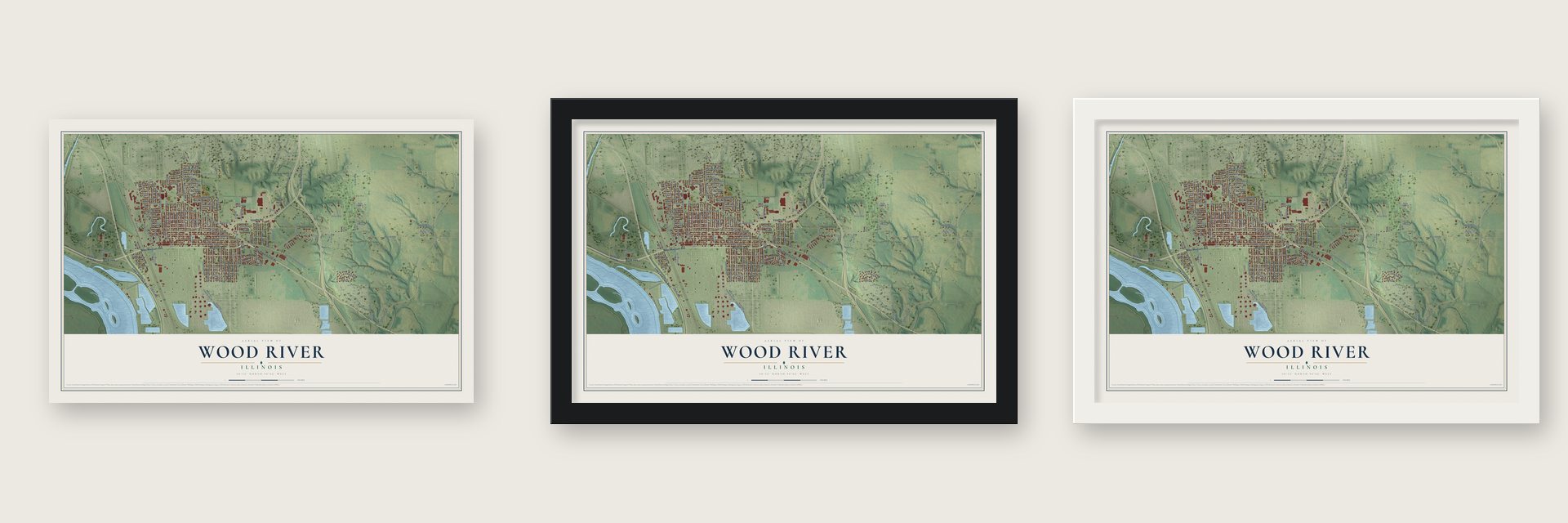 Wood River, Illinois map unframed, in a black wood frame and in a white wood frame