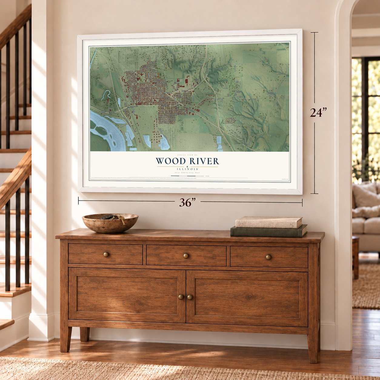 Wood River, Illinois map, 24 x 36 inch print in a white frame above a dresser by a staircase
