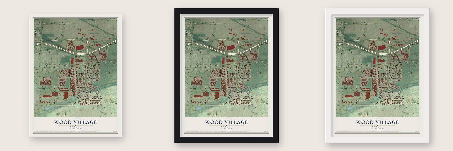 Wood Village, Oregon map unframed, in a black wood frame and in a white wood frame