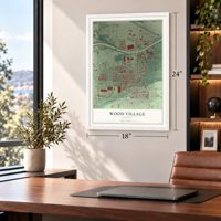 Wood Village, Oregon map, 18 x 24 inch print in a white frame in a home office