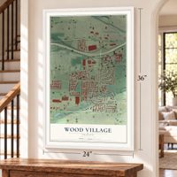 Wood Village, Oregon map, 24 x 36 inch print in a white frame by a staircase