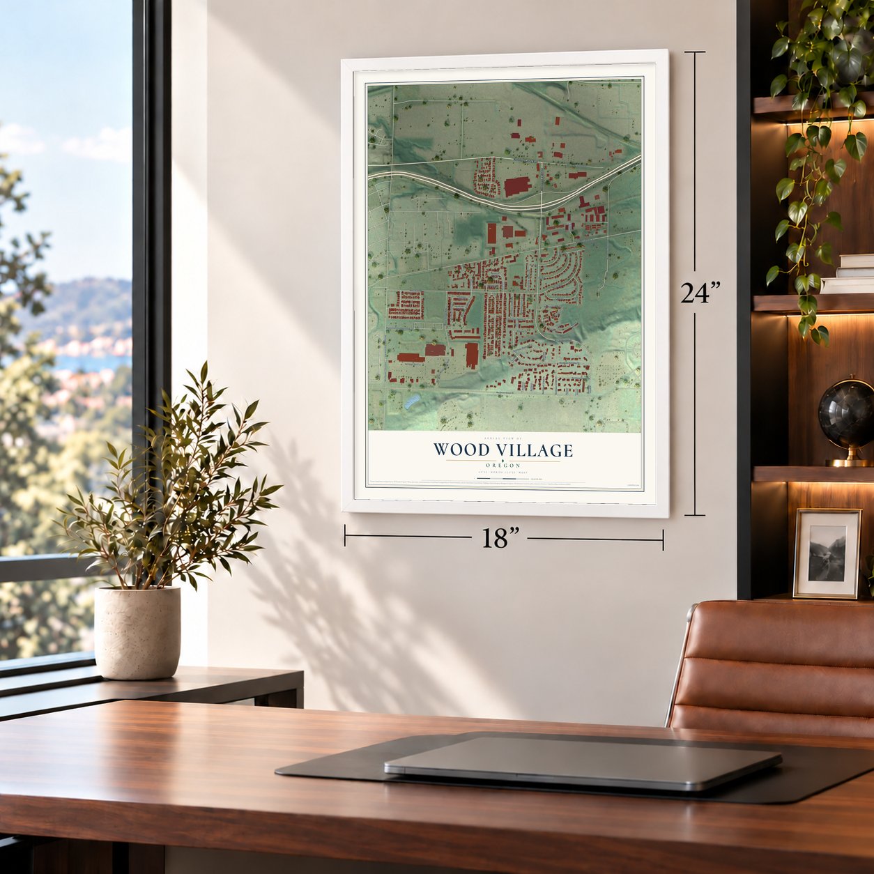 Wood Village, Oregon map, 18 x 24 inch print in a white frame in a home office