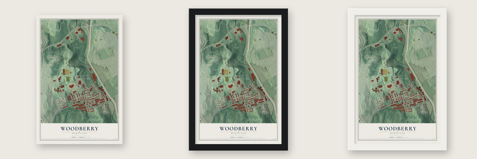 Woodberry, Maryland map unframed, in a black wood frame and in a white wood frame