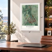 Woodberry, Maryland map, 18 x 24 inch print in a white frame in a home office