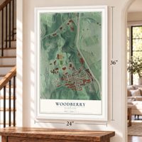 Woodberry, Maryland map, 24 x 36 inch print in a white frame by a staircase