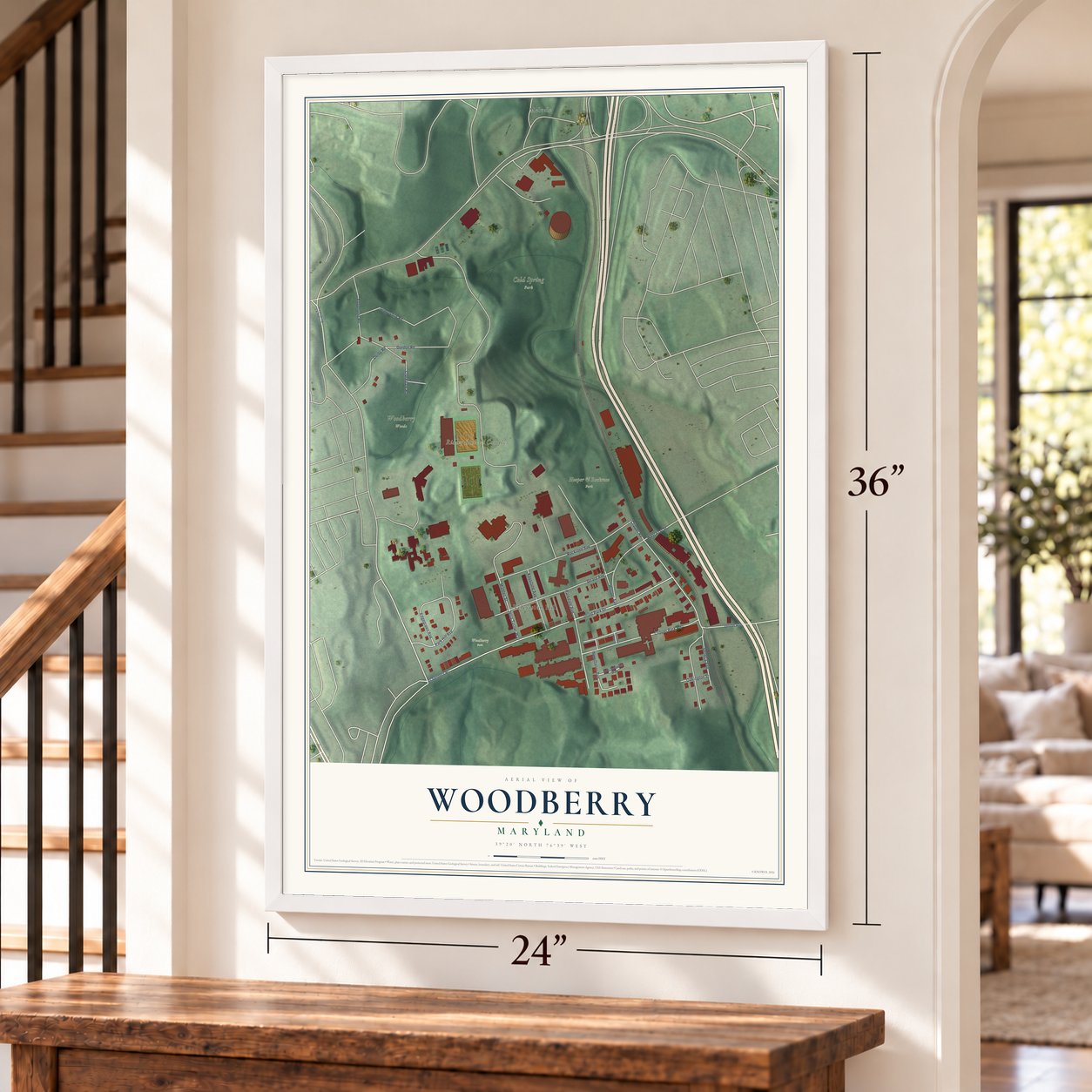 Woodberry, Maryland map, 24 x 36 inch print in a white frame by a staircase
